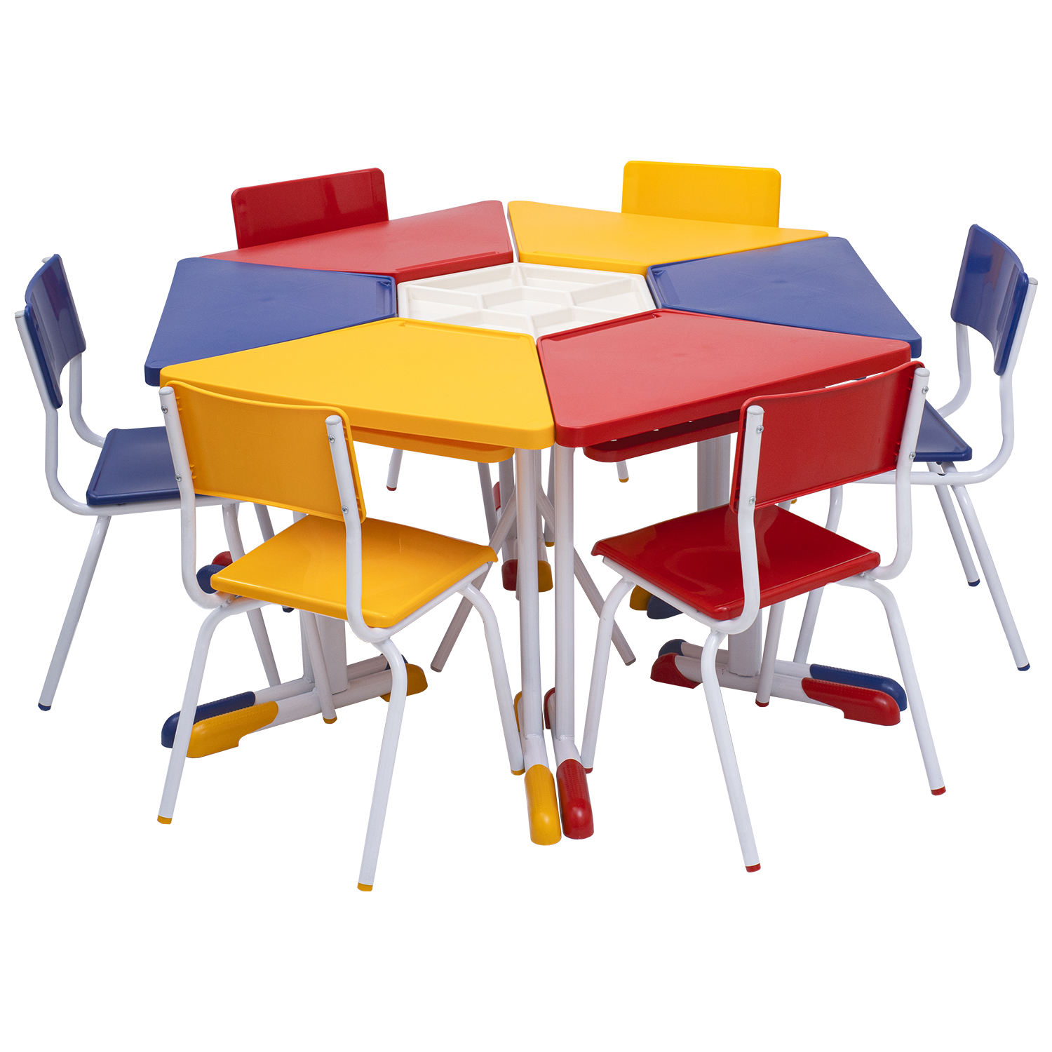 Conjunto Escolar Trapézio (06 Mesas e 06 Cadeiras + Mesa Central) – JUVENIL (06 a 10 ANOS)